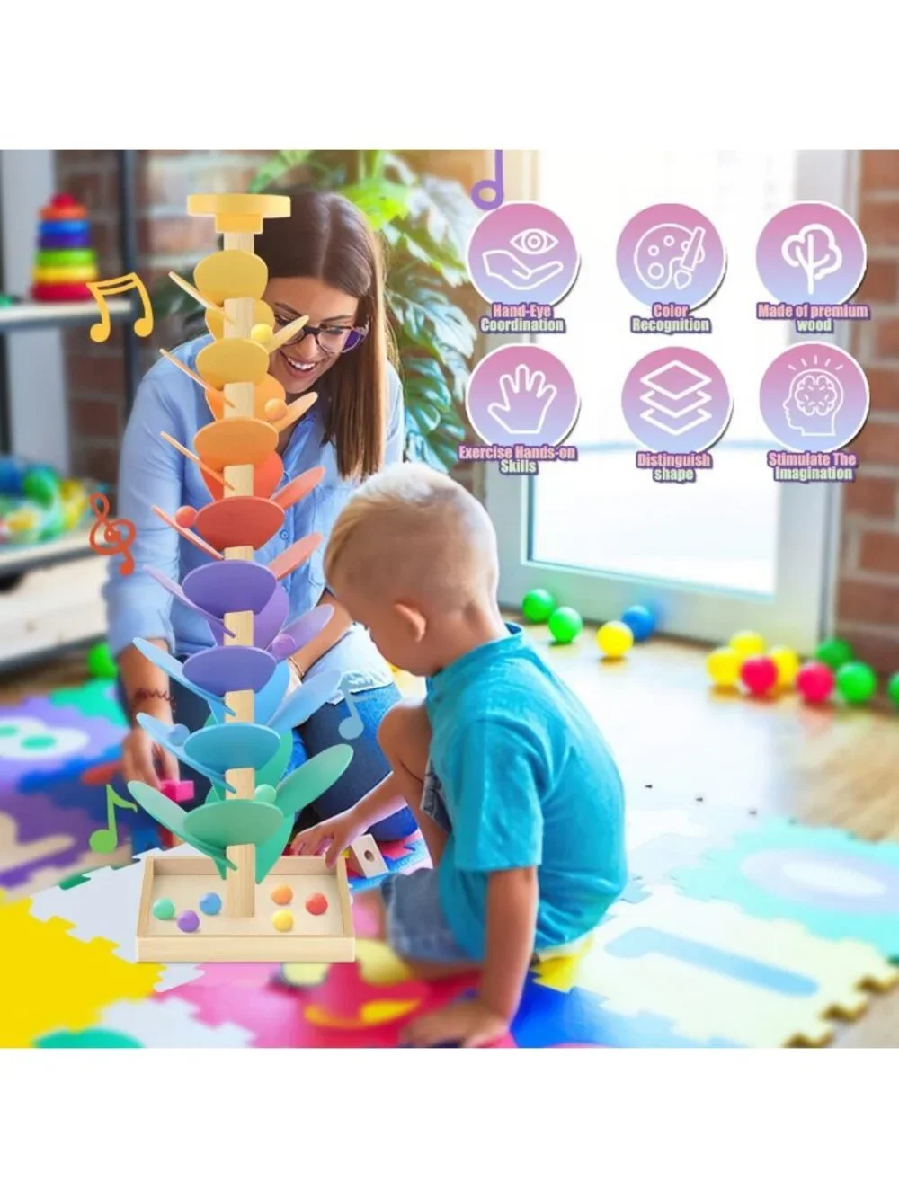 Wooden Marble Run Music Tree Toy | Montessori Learning Game for Kids 3+ | Color